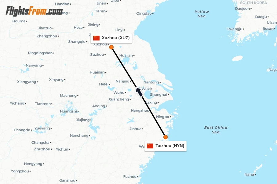 Flights from Taizhou to Xuzhou route map
