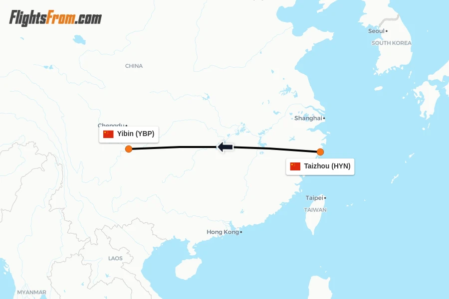 Flights from Taizhou to Yibin route map