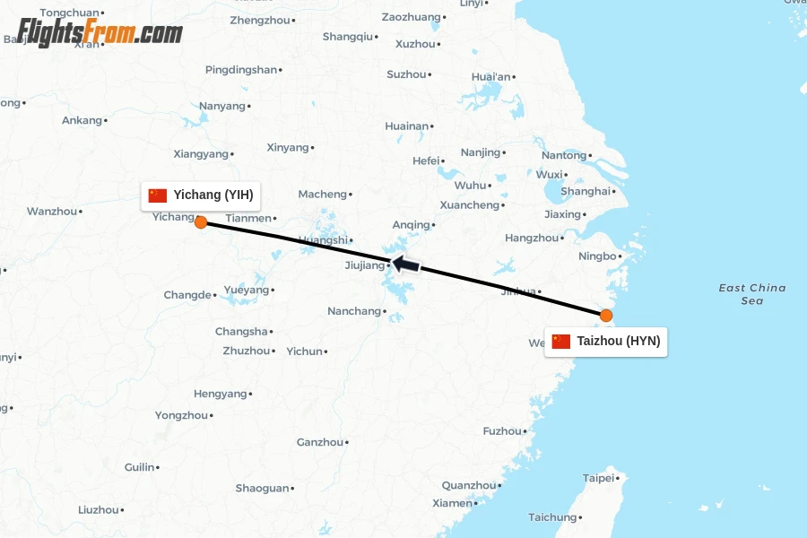 Flights from Taizhou to Yichang route map