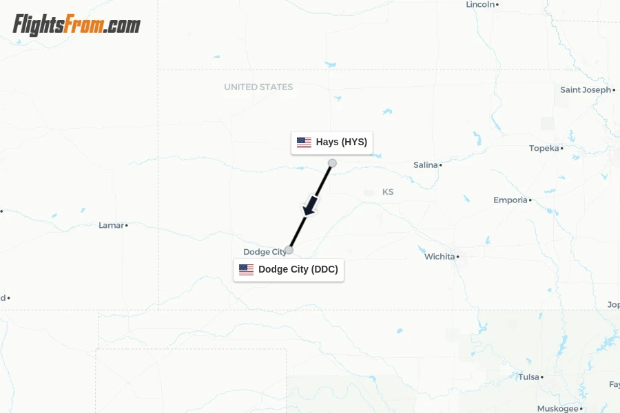 Flights from Hays to Dodge City route map