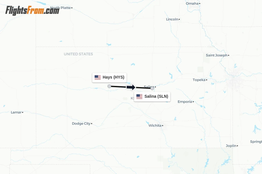 Flights from Hays to Salina route map