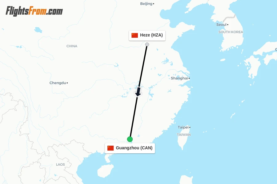Flights from Heze to Guangzhou route map