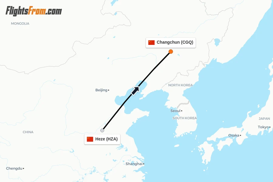 Flights from Heze to Changchun route map