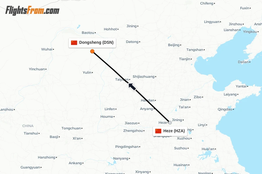 Flights from Heze to Dongsheng route map