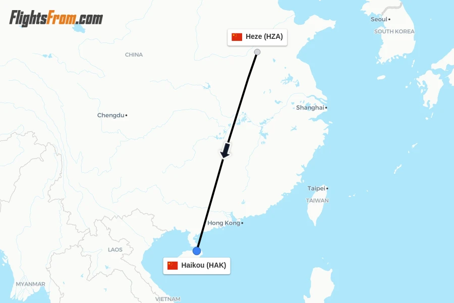 Flights from Heze to Haikou route map