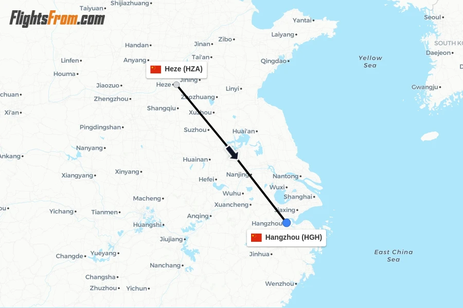 Flights from Heze to Hangzhou route map