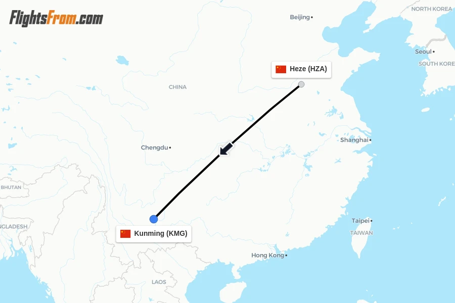 Flights from Heze to Kunming route map