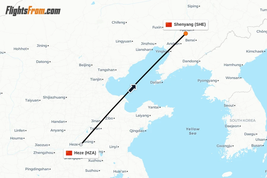 Flights from Heze to Shenyang route map