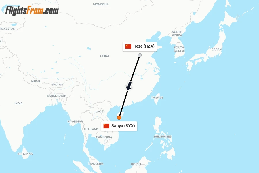 Flights from Heze to Sanya route map