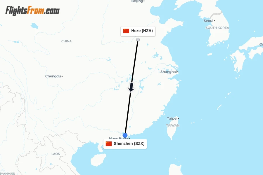 Flights from Heze to Shenzhen route map