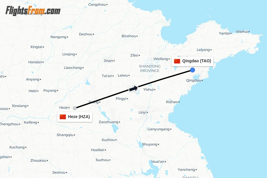Flights from Heze to Qingdao route map