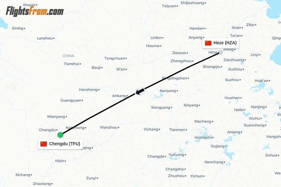 Flights from Heze to Chengdu route map