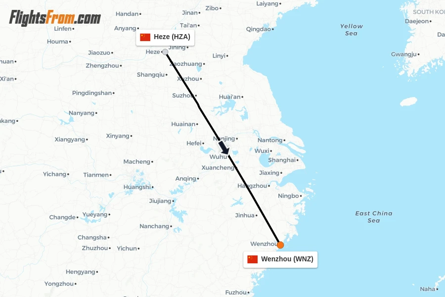 Flights from Heze to Wenzhou route map