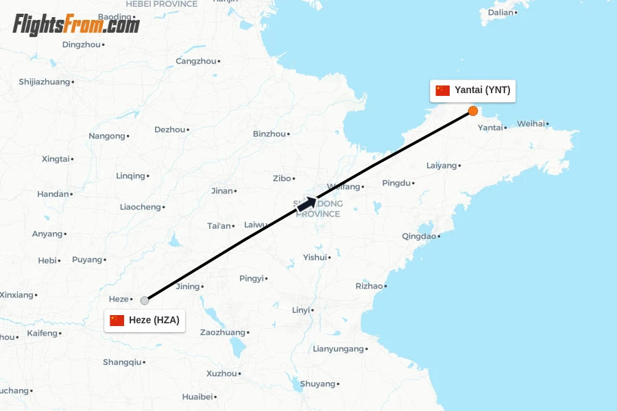 Flights from Heze to Yantai route map