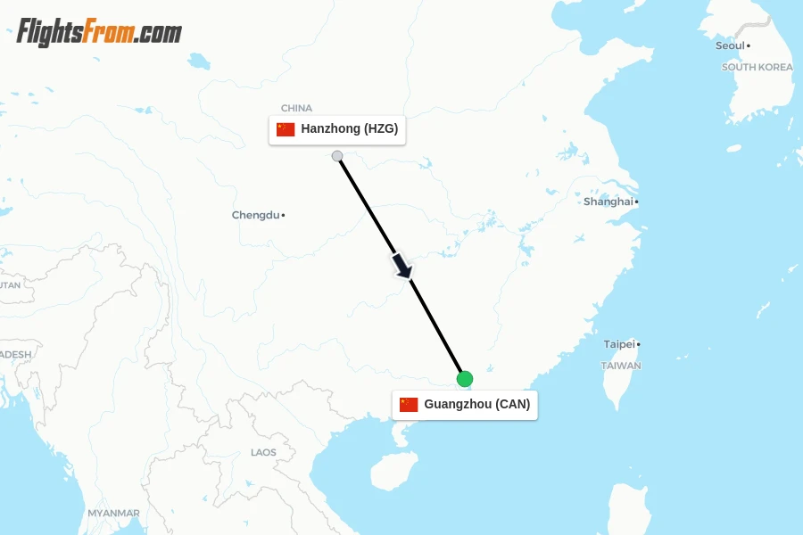 Flights from Hanzhong to Guangzhou route map