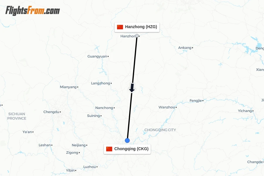Flights from Hanzhong to Chongqing route map