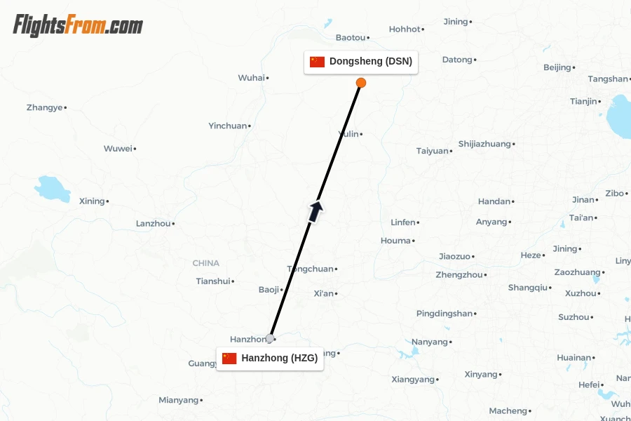 Flights from Hanzhong to Dongsheng route map