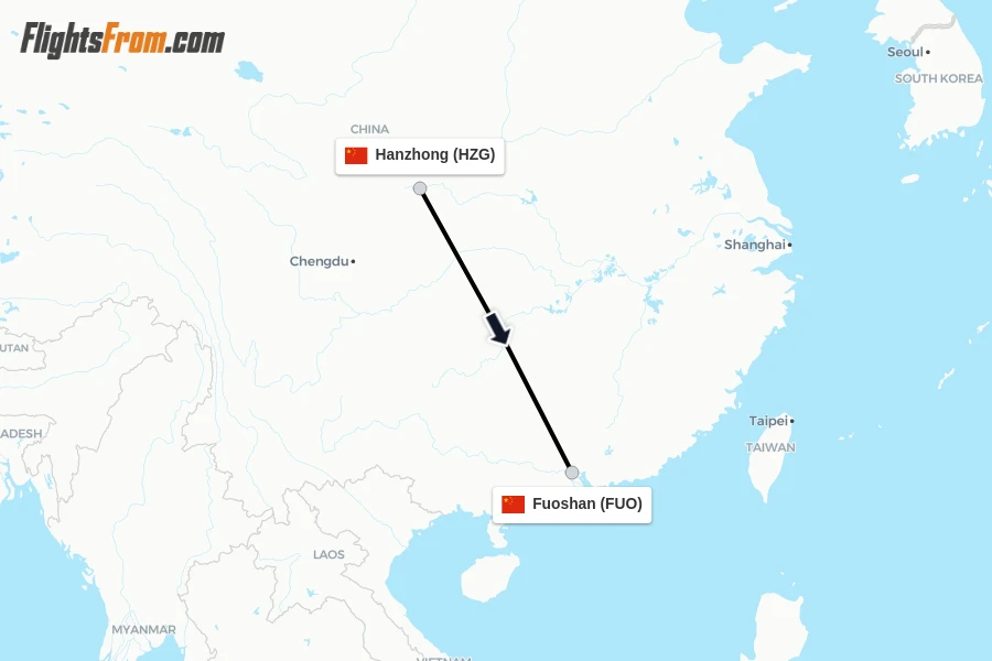 Flights from Hanzhong to Fuoshan route map