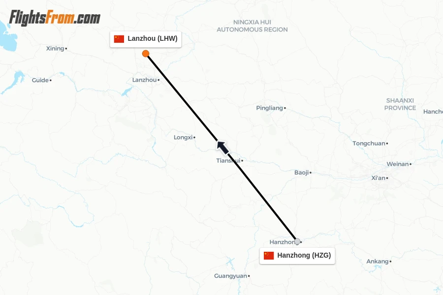 Flights from Hanzhong to Lanzhou route map