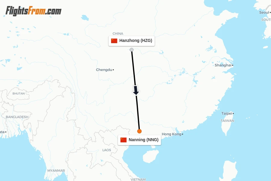 Flights from Hanzhong to Nanning route map