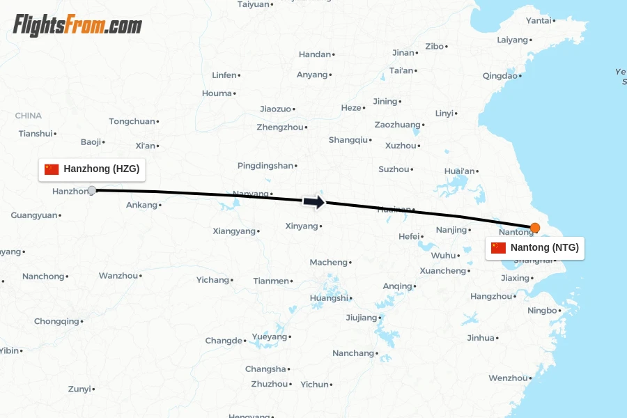 Flights from Hanzhong to Nantong route map