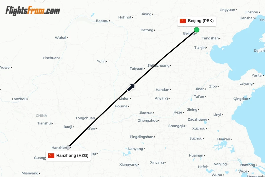 Flights from Hanzhong to Beijing route map