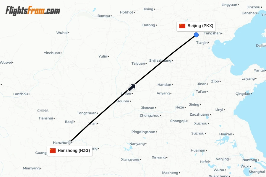 Flights from Hanzhong to Beijing route map