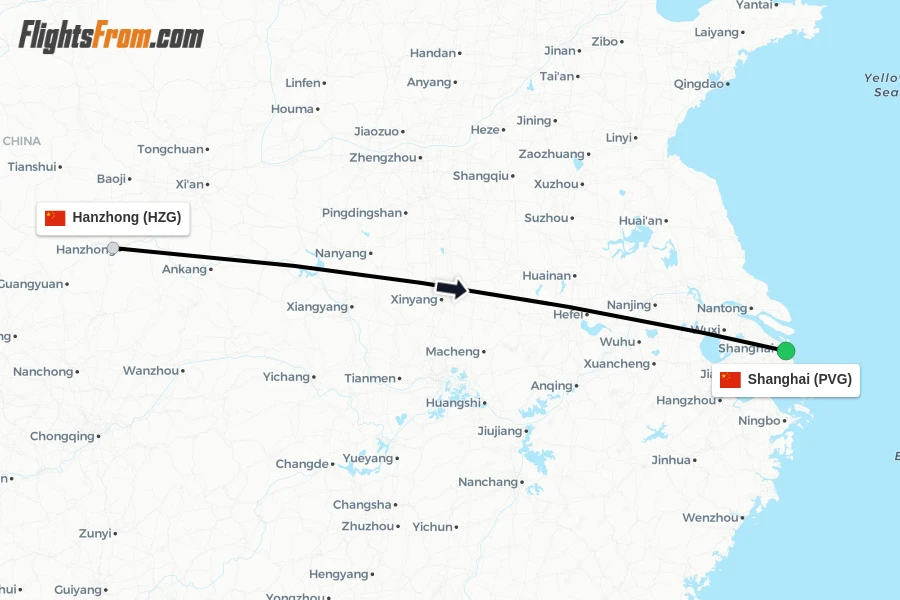 Flights from Hanzhong to Shanghai route map