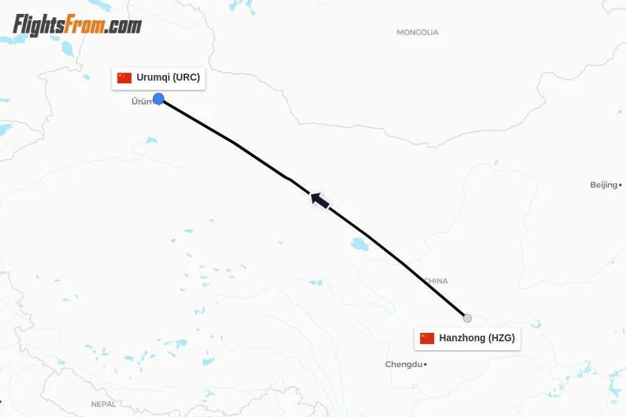 Flights from Hanzhong to Urumqi route map