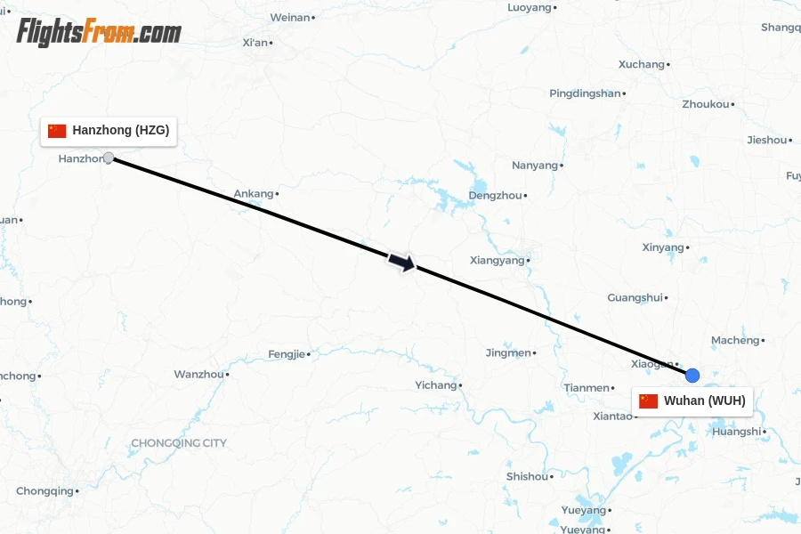 Flights from Hanzhong to Wuhan route map