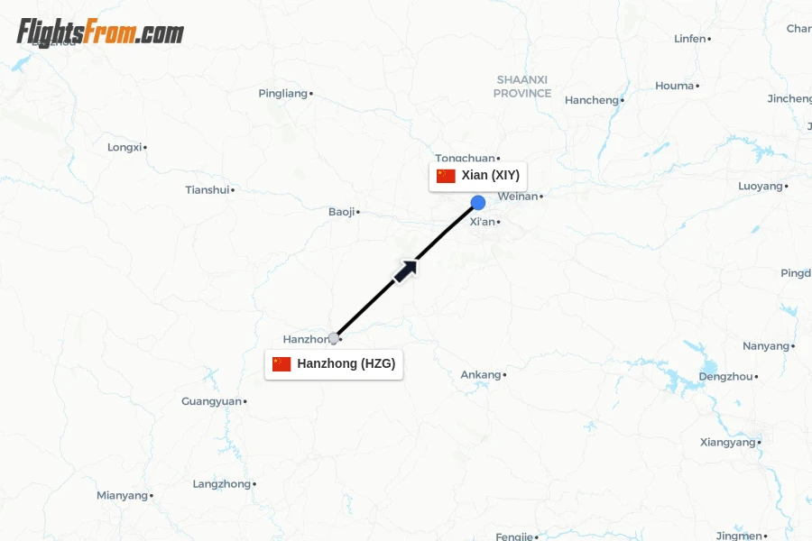 Flights from Hanzhong to Xian route map