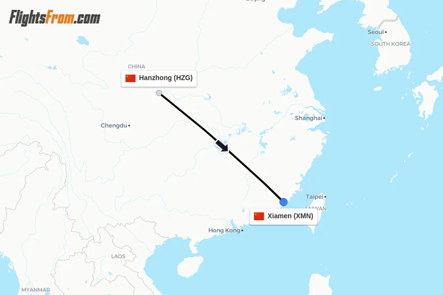 Flights from Hanzhong to Xiamen route map