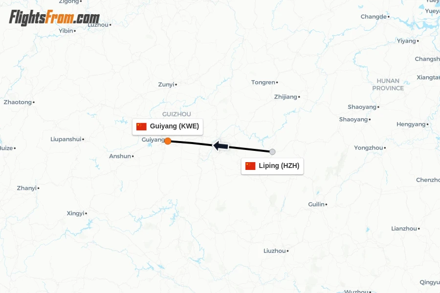 Flights from Liping to Guiyang route map