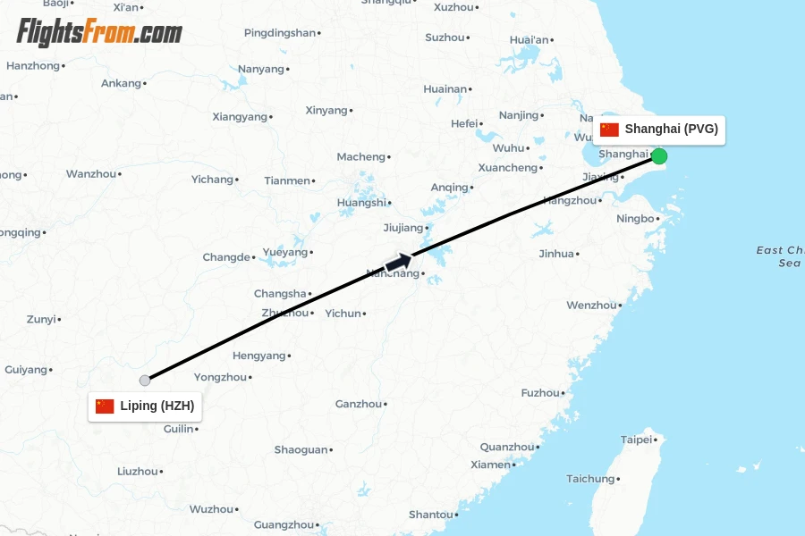 Flights from Liping to Shanghai route map