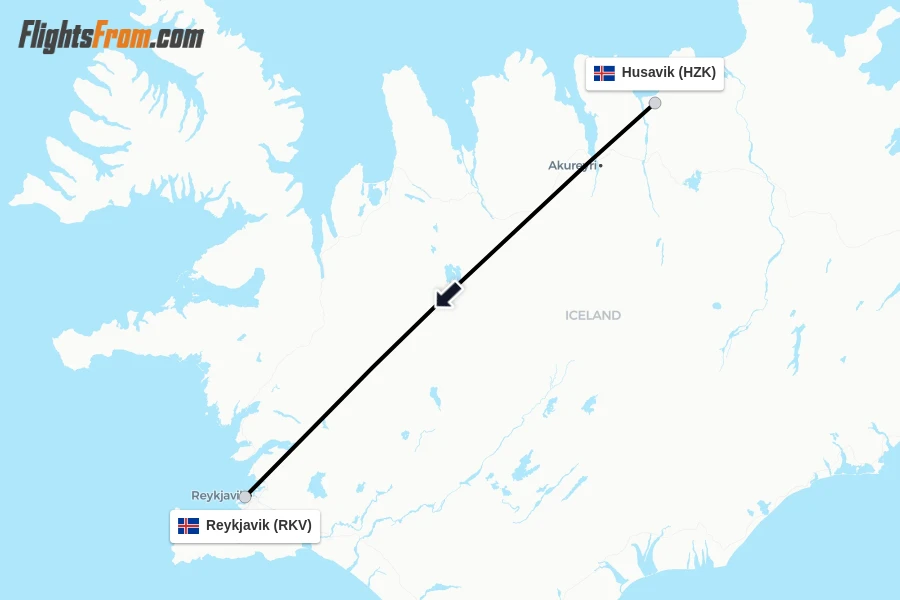 Flights from Husavik to Reykjavik route map