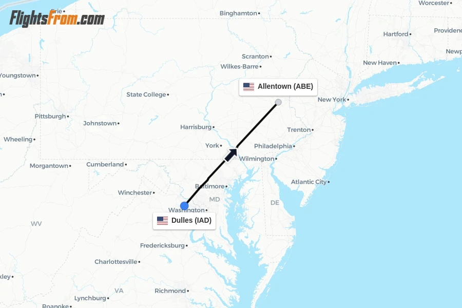 Flights from Dulles to Allentown route map