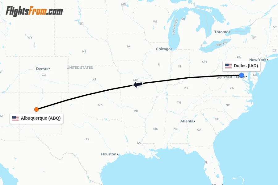 Flights from Dulles to Albuquerque route map