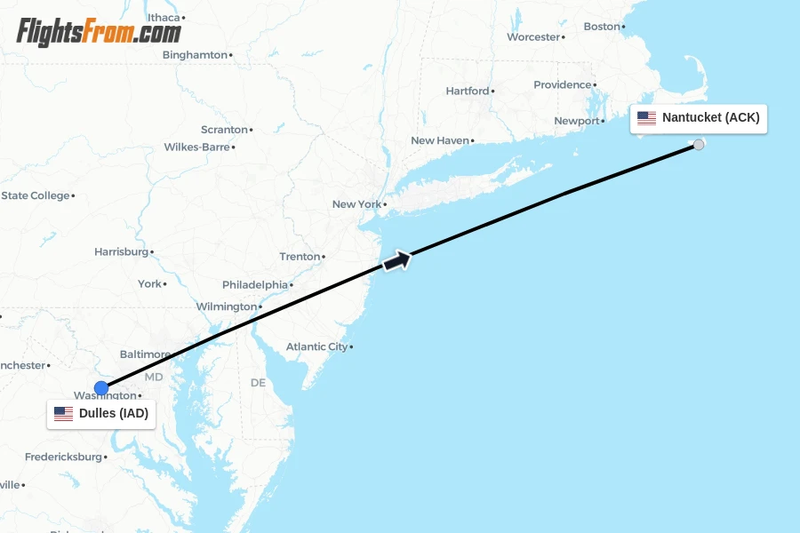 Flights from Dulles to Nantucket route map
