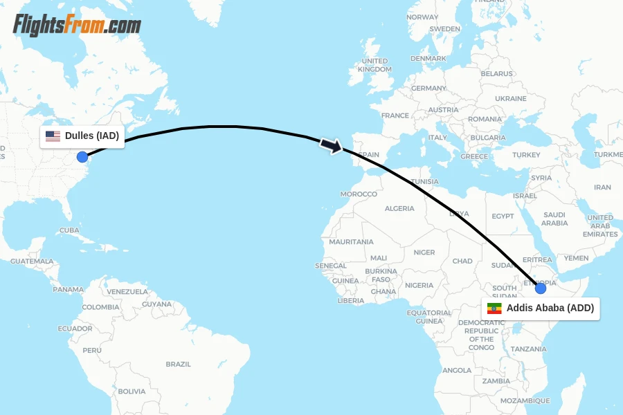 Flights from Dulles to Addis Ababa route map