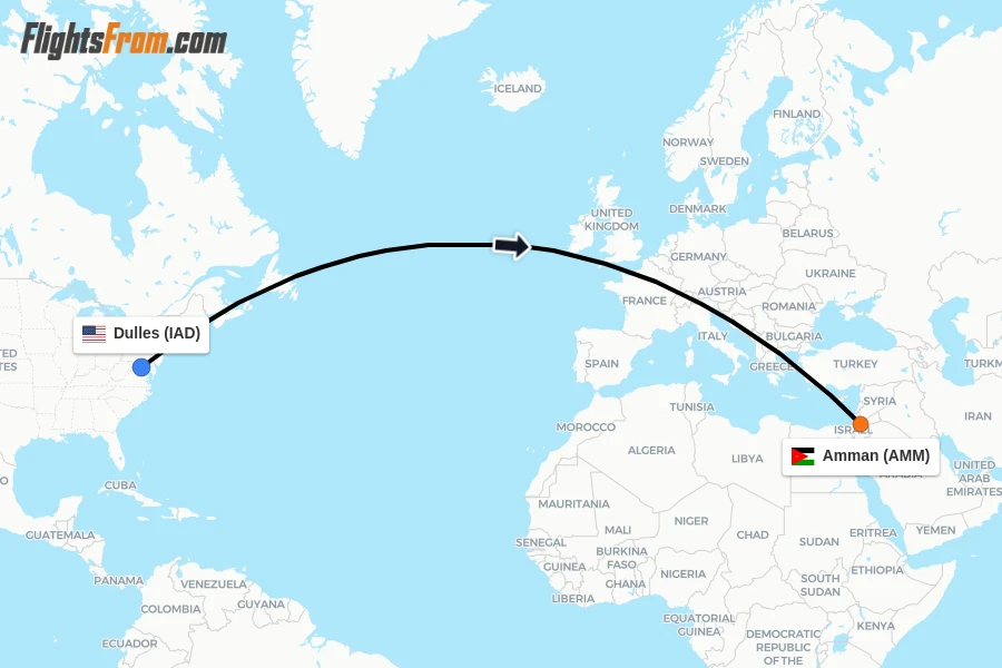Flights from Dulles to Amman route map