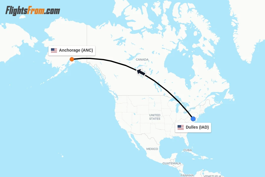 Flights from Dulles to Anchorage route map