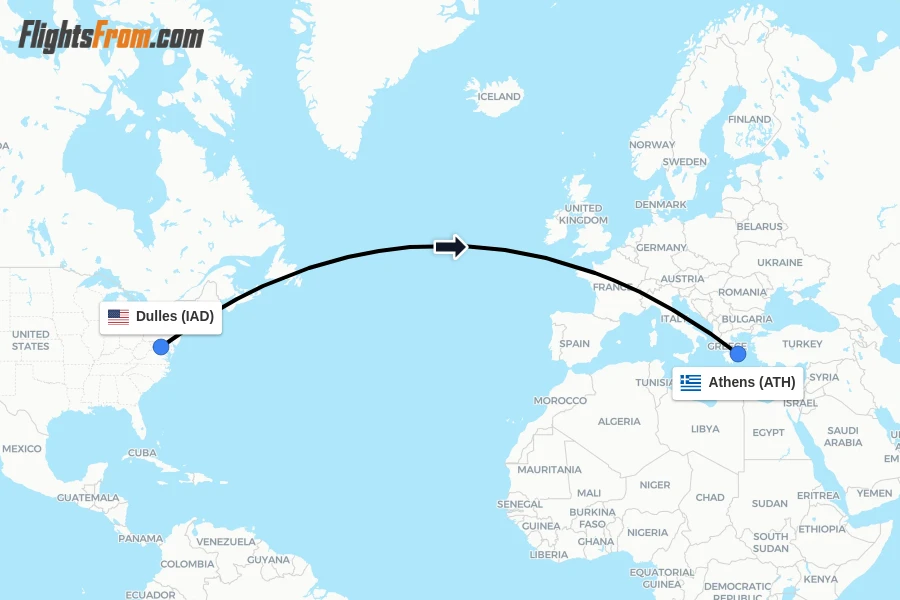 Flights from Dulles to Athens route map
