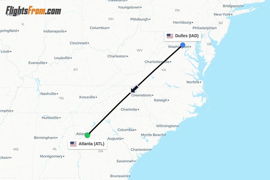 Flights from Dulles to Atlanta route map