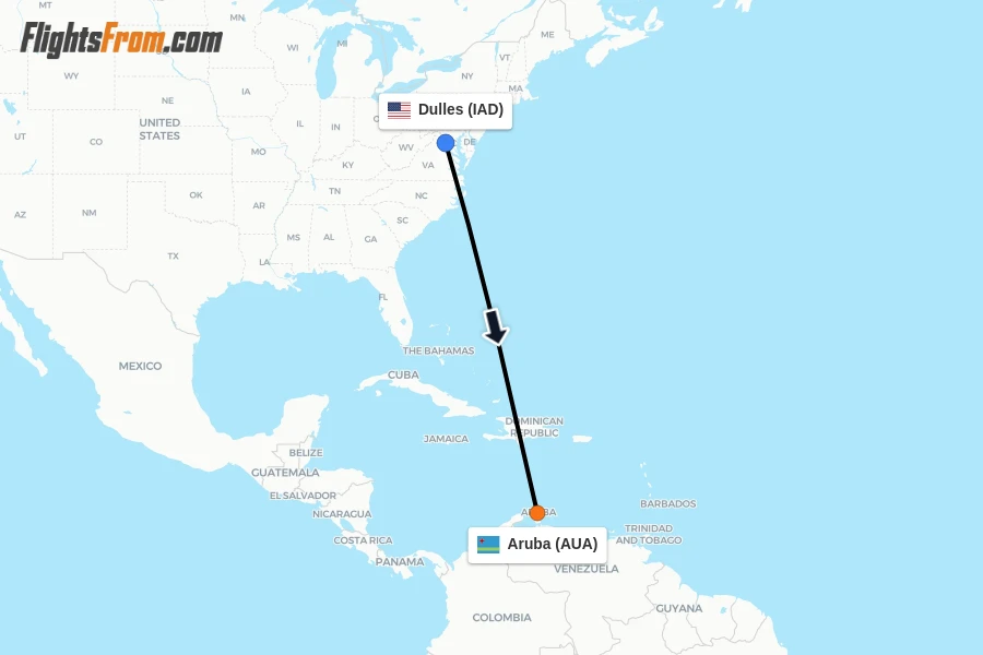 Flights from Dulles to Aruba route map