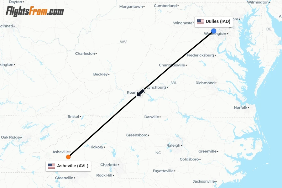 Flights from Dulles to Asheville route map
