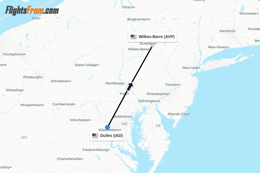 Flights from Dulles to Wilkes-Barre route map