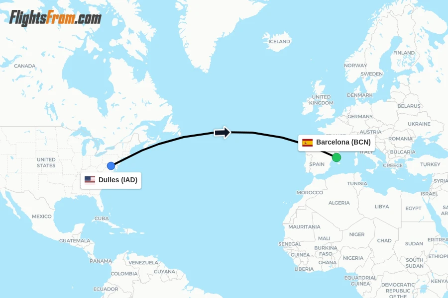 Flights from Dulles to Barcelona route map