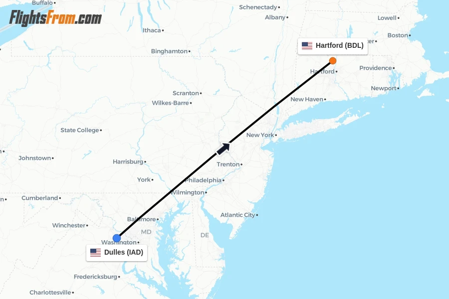 Flights from Dulles to Hartford route map