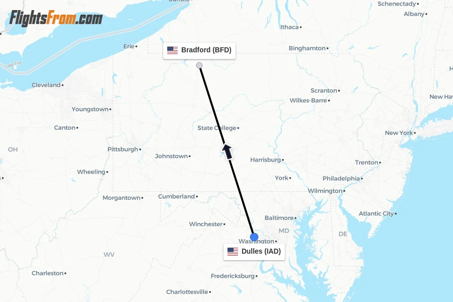 Flights from Dulles to Bradford route map