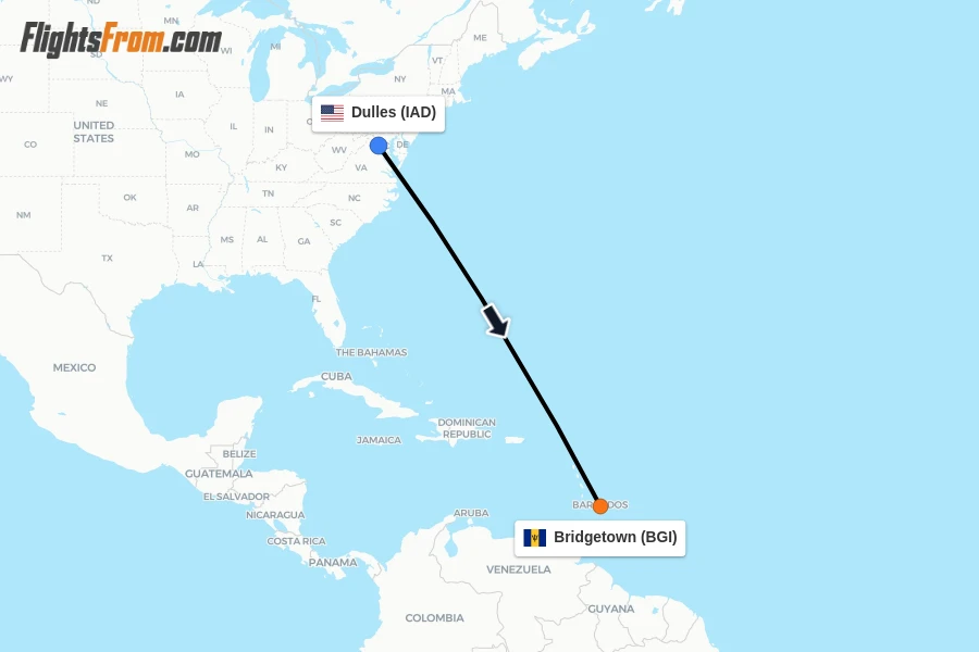 Flights from Dulles to Bridgetown route map
